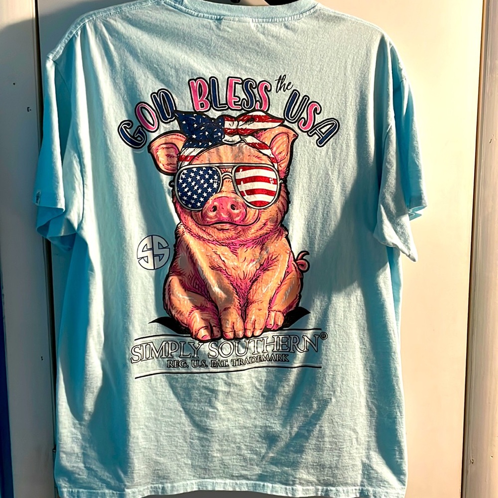 Simply Southern baby blue short sleeve tshirt God bless the USA